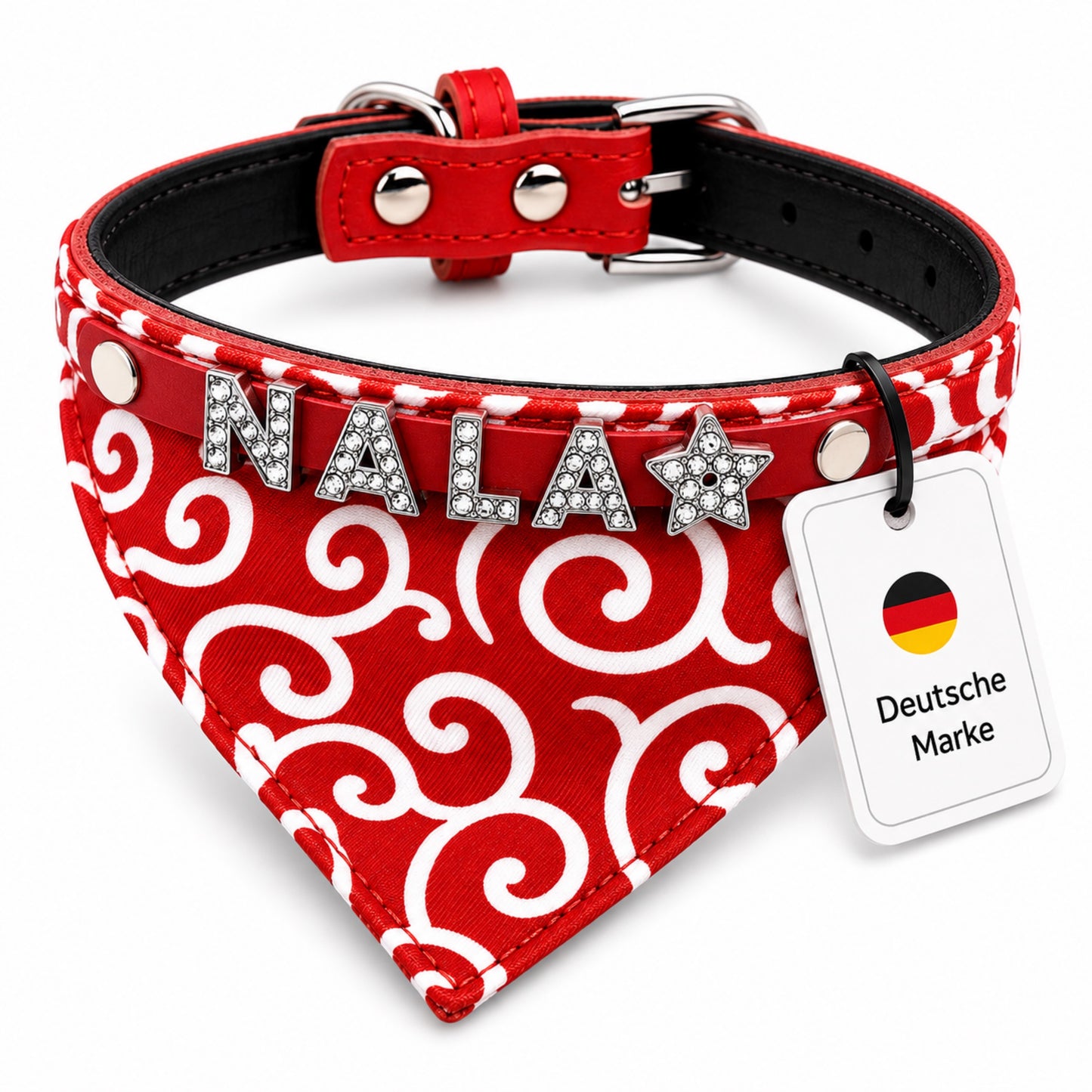 Hundehalstuch mit Namen und Hundehalsband aus echtem Leder. Besetzt mit glitzer Strass-Buchstaben