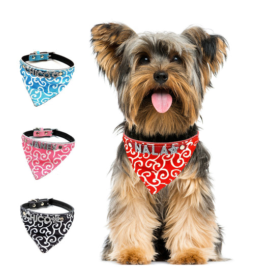 Hundehalstuch mit Namen und Hundehalsband aus echtem Leder. Besetzt mit glitzer Strass-Buchstaben