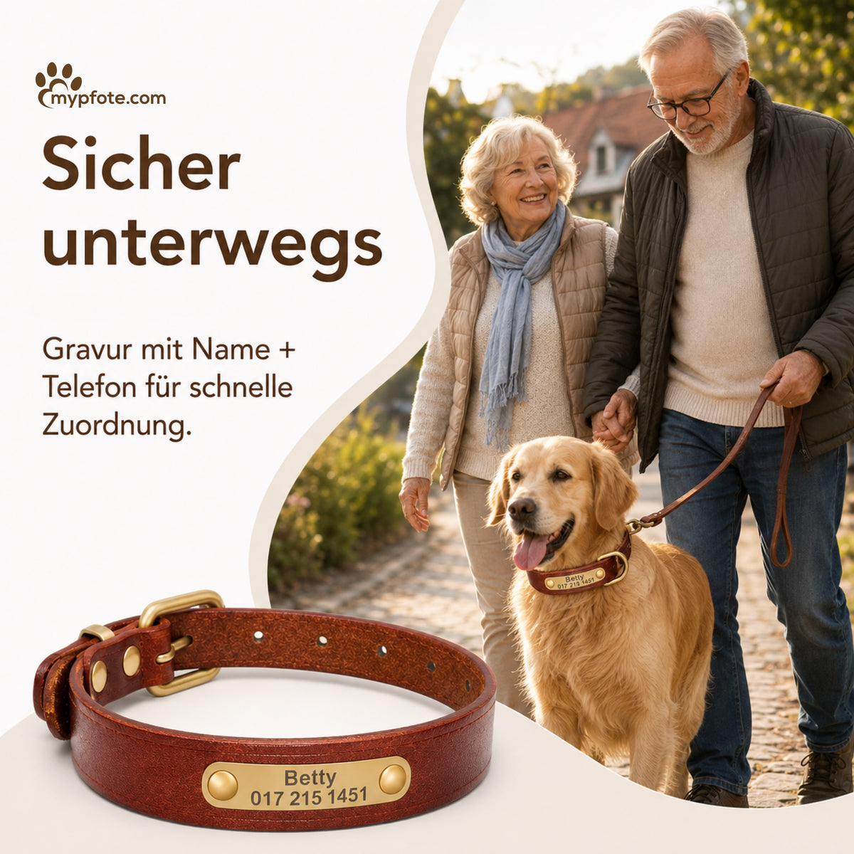 Leder Hundehalsband mit goldfarbener Marke, Gravur Name und Telefon