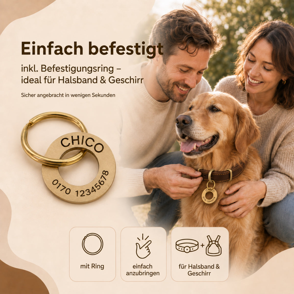 Ringförmige Hundemarke mit Gravur Messing gebürstet, 30mm