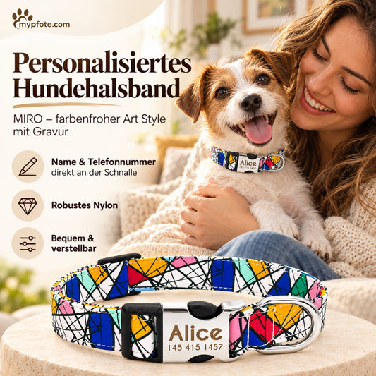 Hundehalsband "Miro" mit Namen und Telefon graviert, Nylon, Art Style