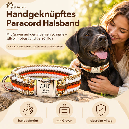 Arlo – Handgefertigtes Paracord Hundehalsband mit Gravur | Orange-Braun-Weiß-Beige