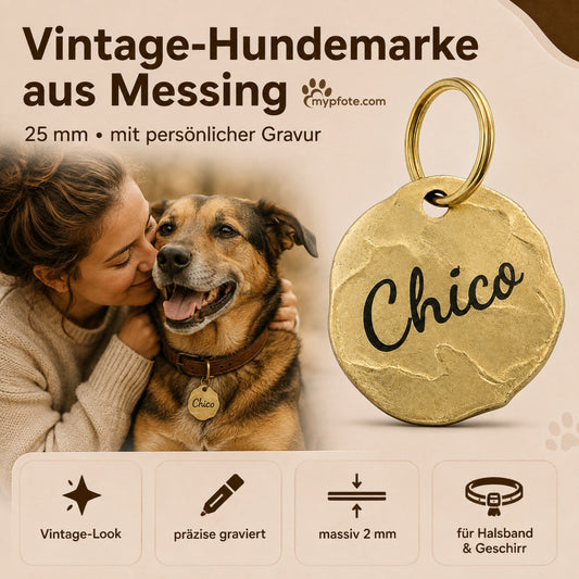Extravagante Vintage Hundemarke mit Gravur personalisiert, Material Messing, 25mm