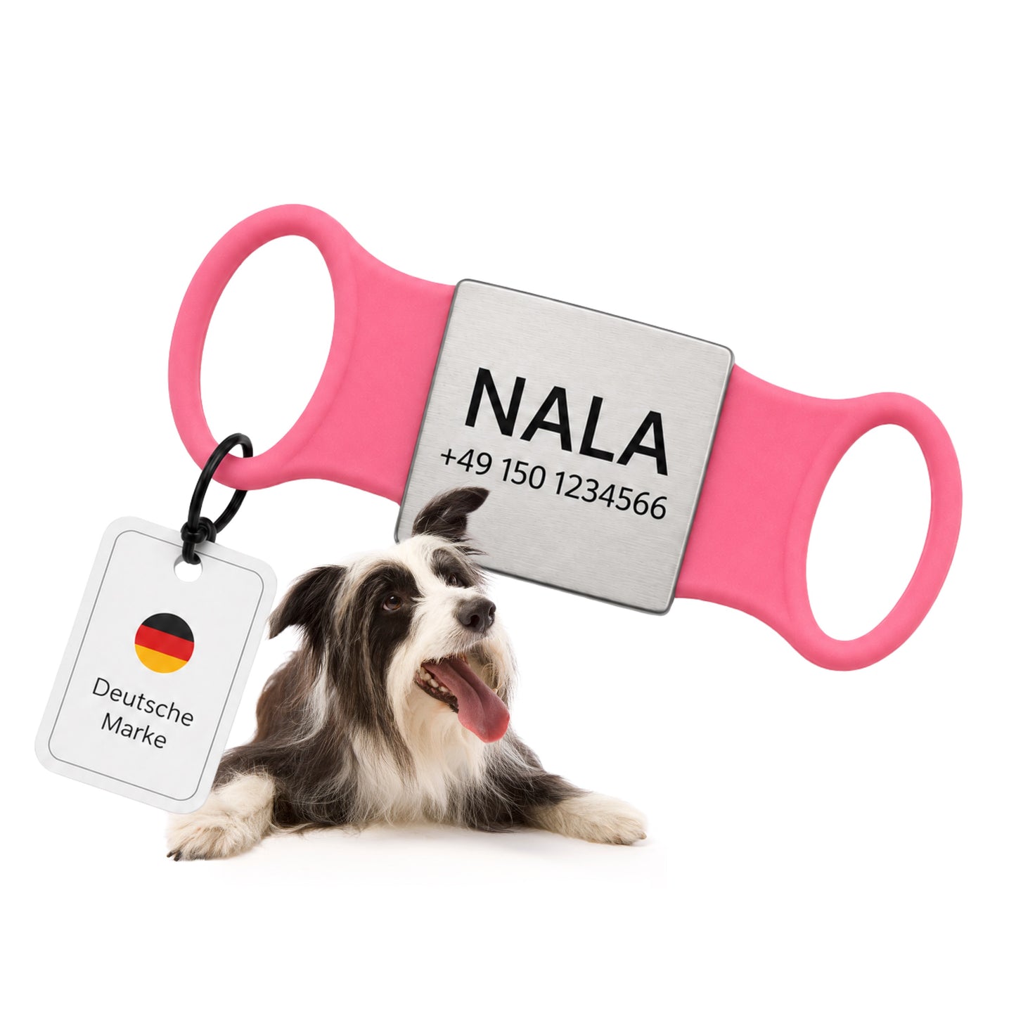 Klapperfreie Hundemarke Silikonslider mit Edelstahl-Schild für Halsbänder inkl. GRATIS Gravur