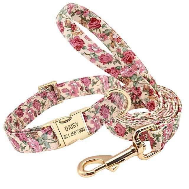 Hundehalsband mit Blumenmuster und gratis Gravur - optional als Set