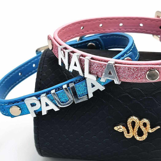 Stylisches Glitzer Hundehalsband personalisiert mit Buchstaben + Symbol