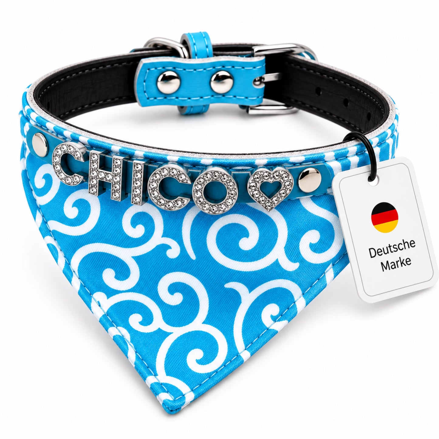 Hundehalstuch mit Namen und Hundehalsband aus echtem Leder. Besetzt mit glitzer Strass-Buchstaben
