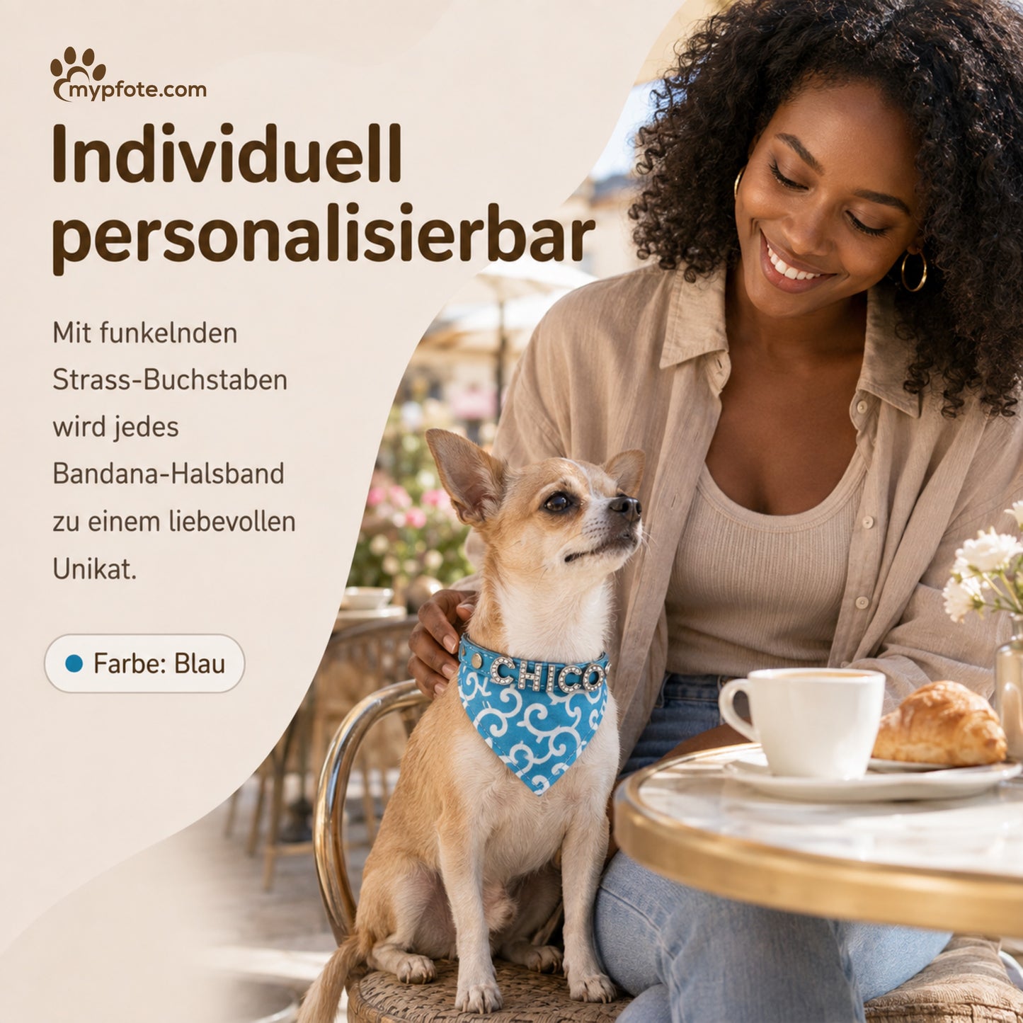 Hundehalstuch mit Namen und Hundehalsband aus echtem Leder. Besetzt mit glitzer Strass-Buchstaben