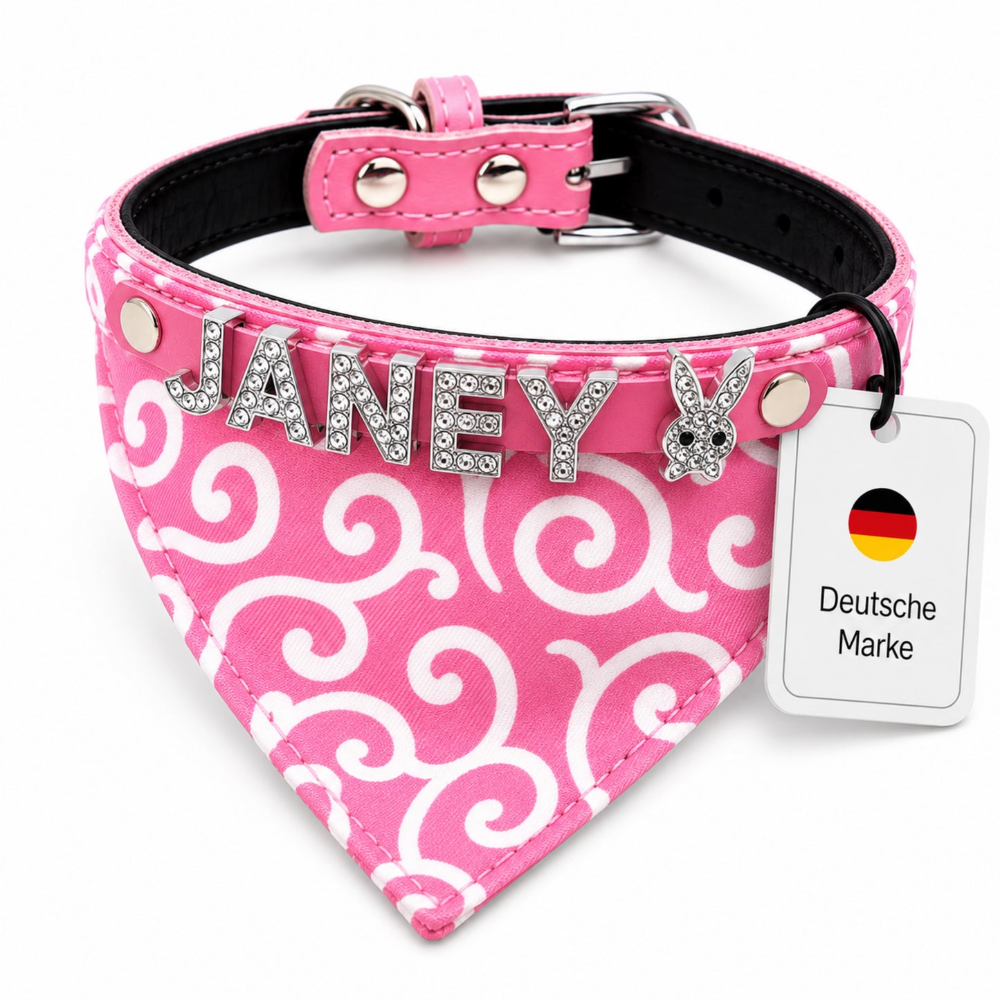 Hundehalstuch mit Namen und Hundehalsband aus echtem Leder. Besetzt mit glitzer Strass-Buchstaben