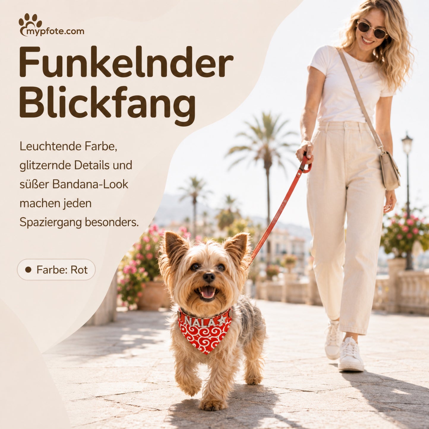 Hundehalstuch mit Namen und Hundehalsband aus echtem Leder. Besetzt mit glitzer Strass-Buchstaben