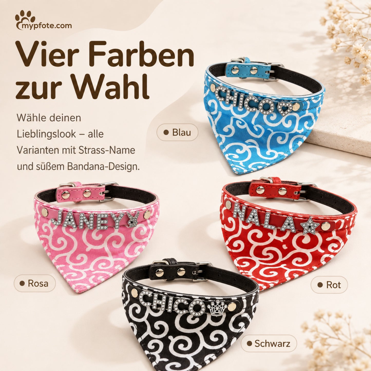 Hundehalstuch mit Namen und Hundehalsband aus echtem Leder. Besetzt mit glitzer Strass-Buchstaben