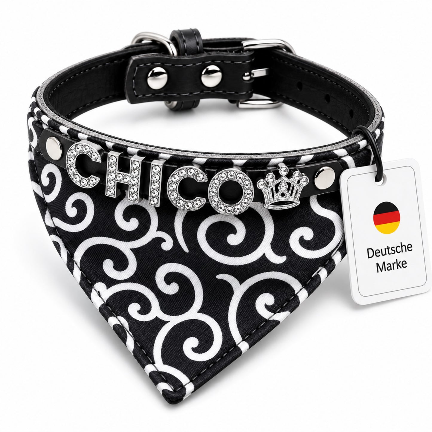 Hundehalstuch mit Namen und Hundehalsband aus echtem Leder. Besetzt mit glitzer Strass-Buchstaben
