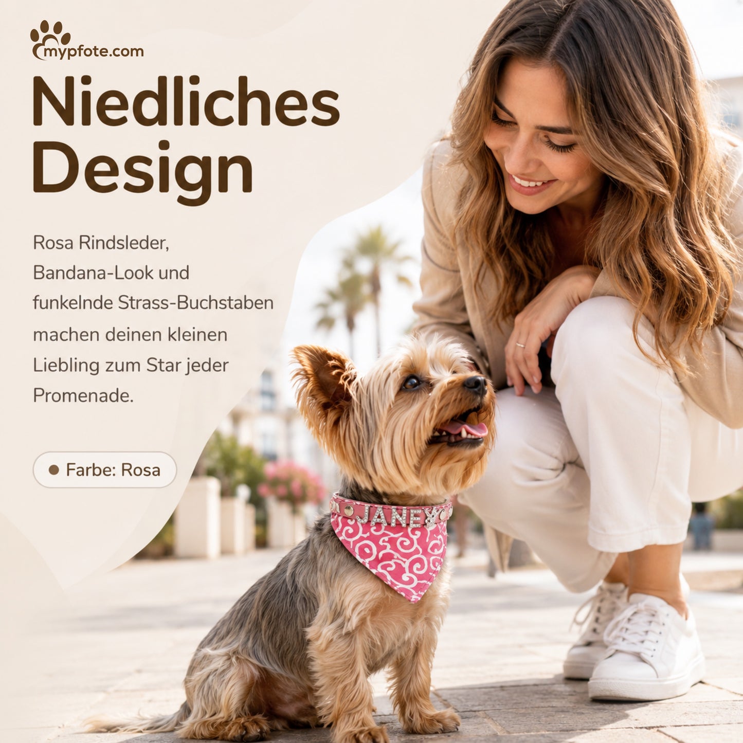 Hundehalstuch mit Namen und Hundehalsband aus echtem Leder. Besetzt mit glitzer Strass-Buchstaben