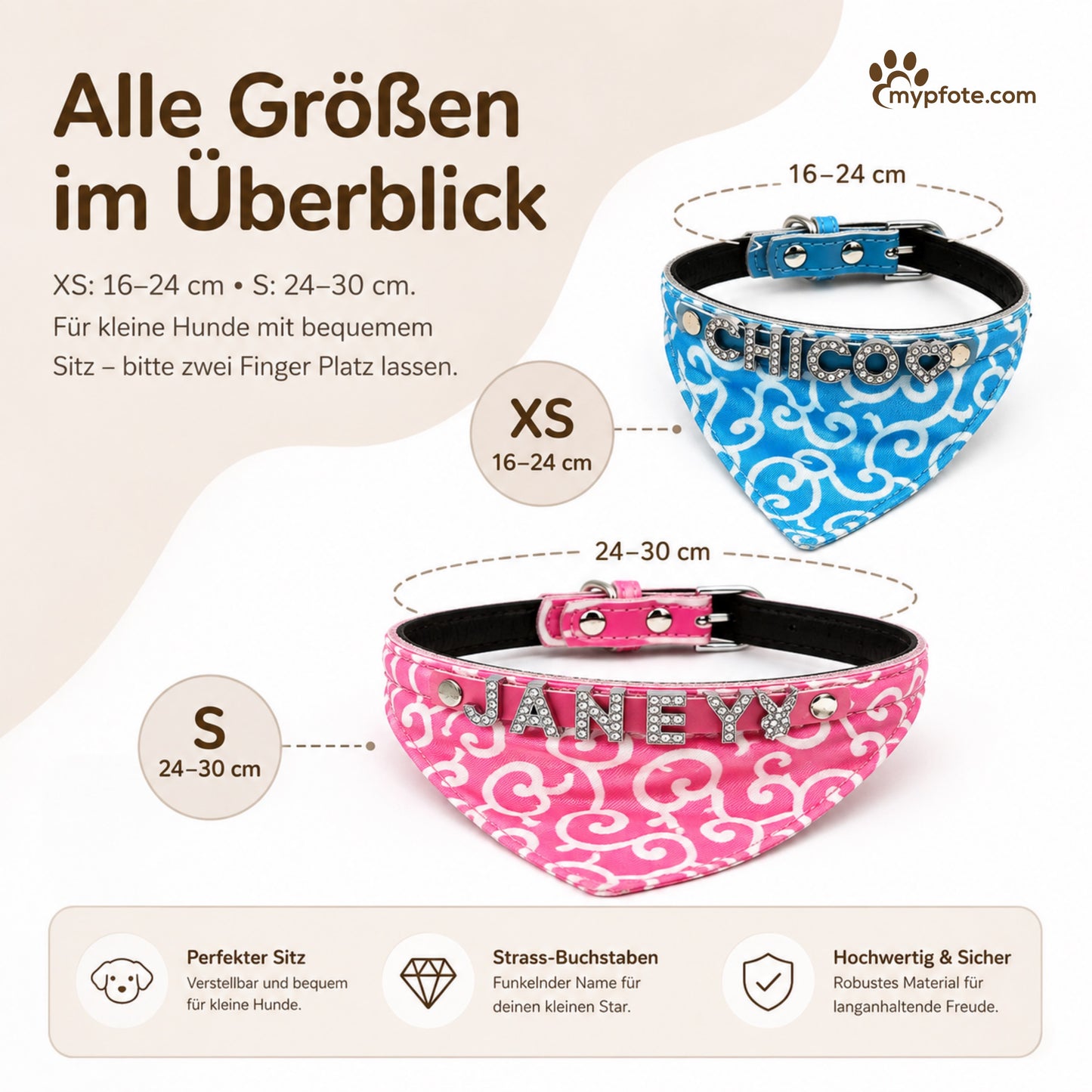 Hundehalstuch mit Namen und Hundehalsband aus echtem Leder. Besetzt mit glitzer Strass-Buchstaben