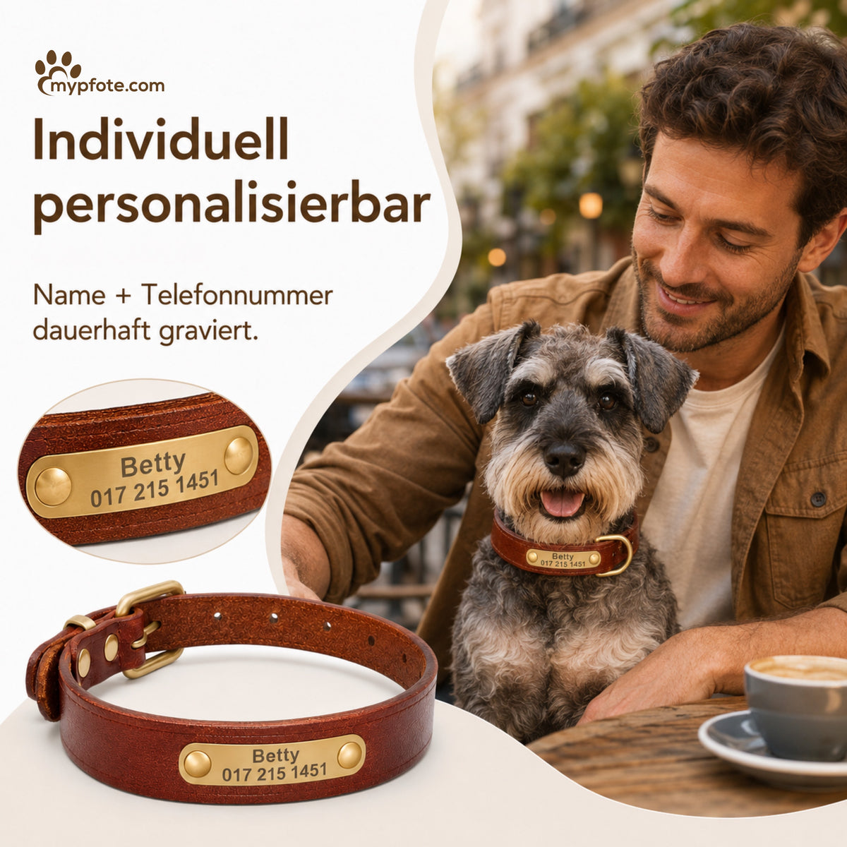Leder Hundehalsband mit goldfarbener Marke, Gravur Name und Telefon