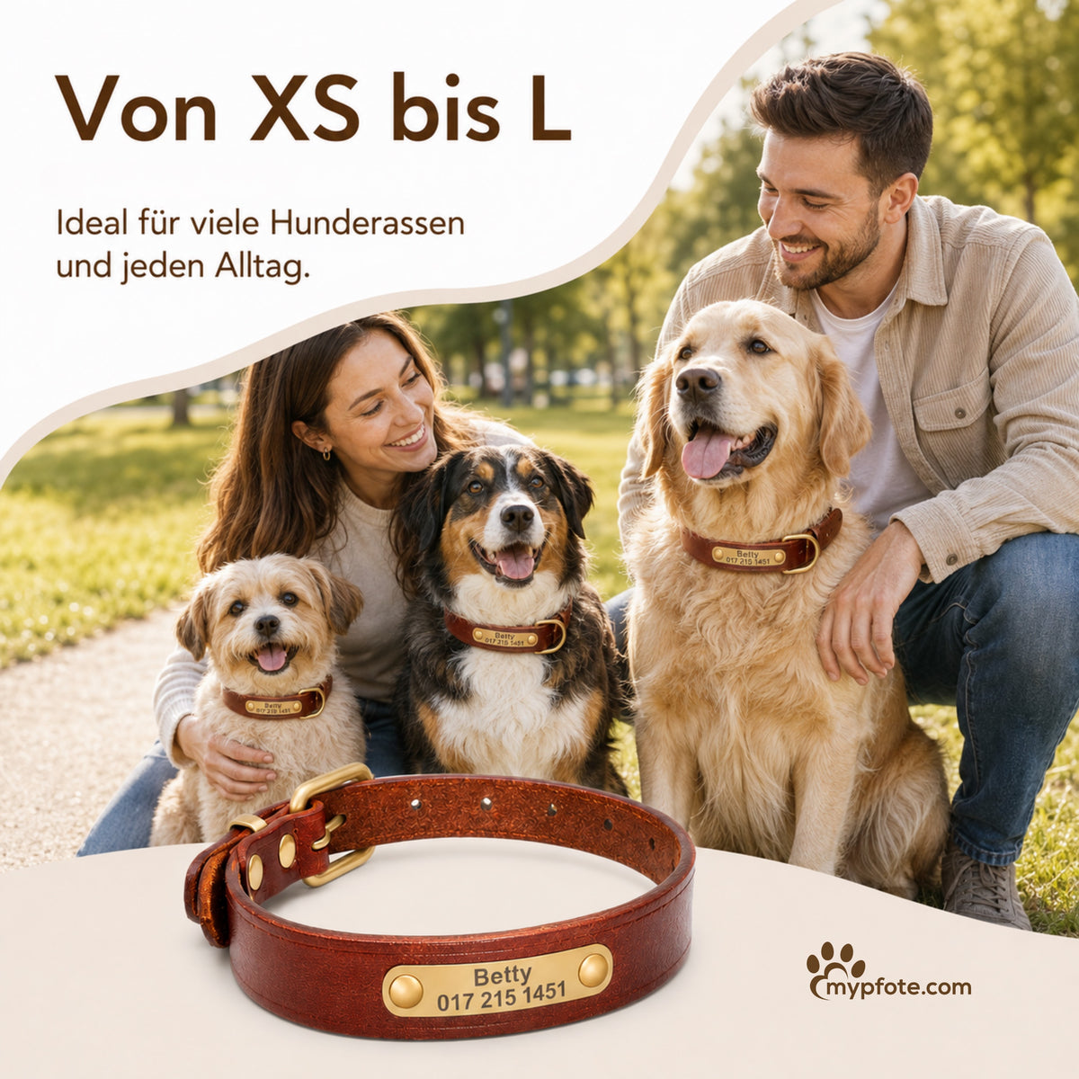 Leder Hundehalsband mit goldfarbener Marke, Gravur Name und Telefon