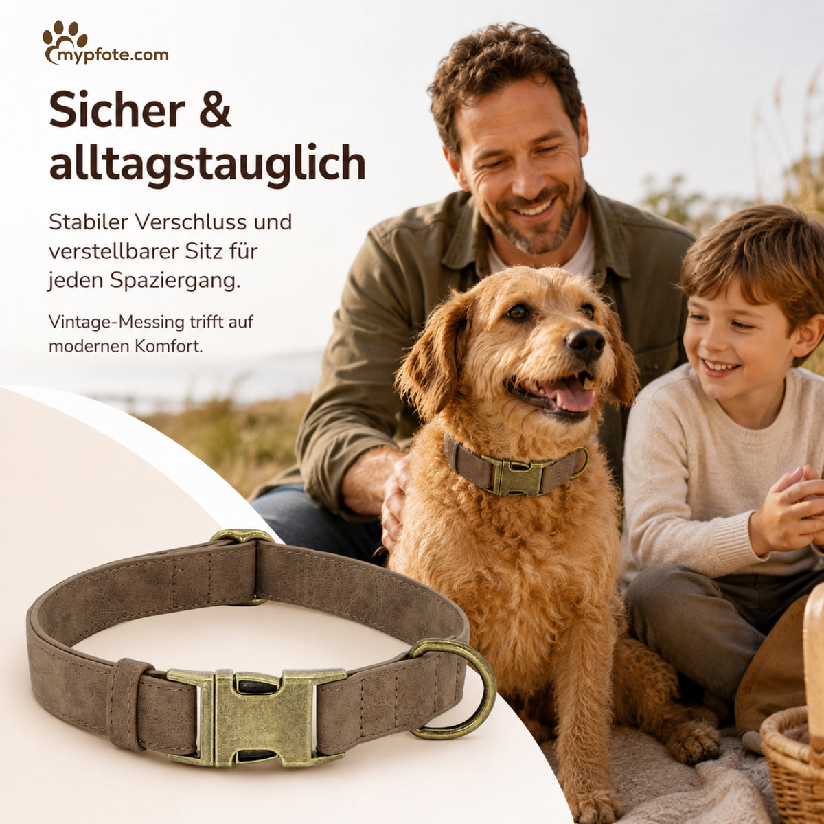 Edles Hundehalsband im Vintagelook mit Messingschnalle und kostenloser Gravur Name und Telefon