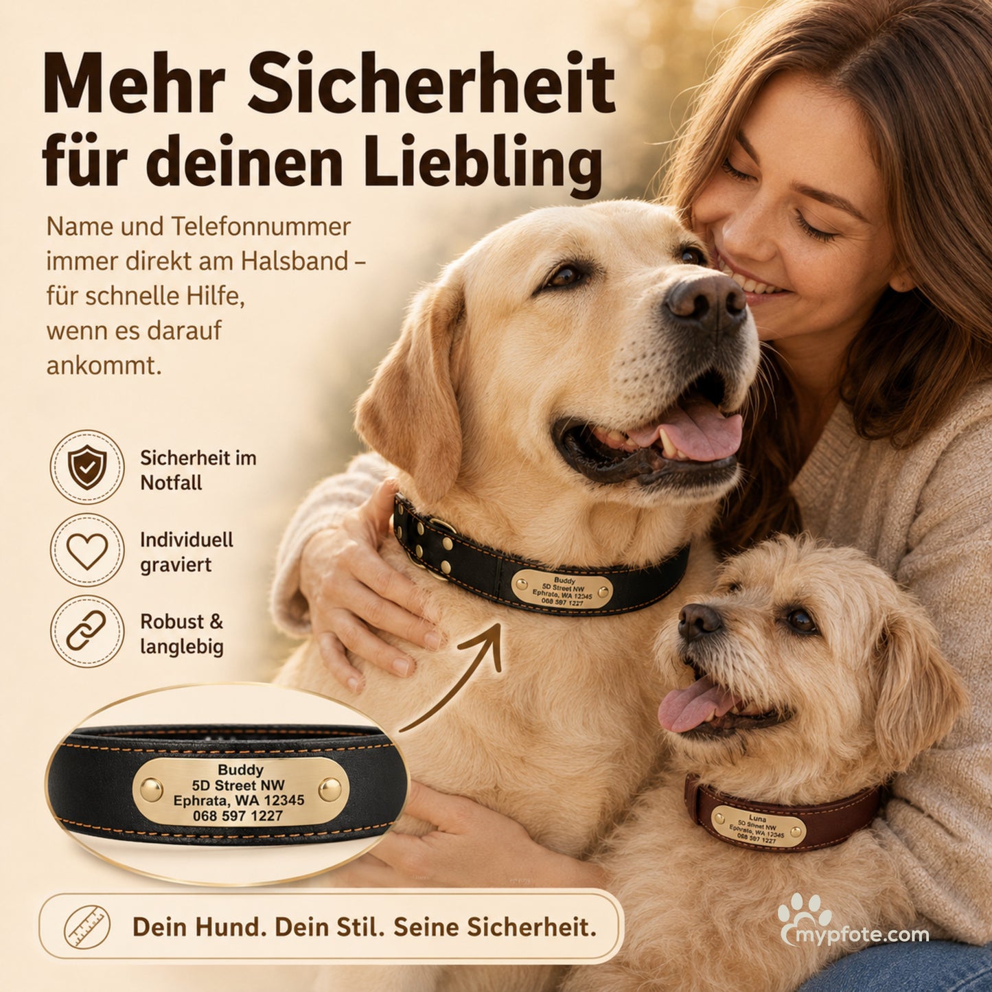 Edles Hundehalsband aus Rindsleder mit Gravur Name und Telefon