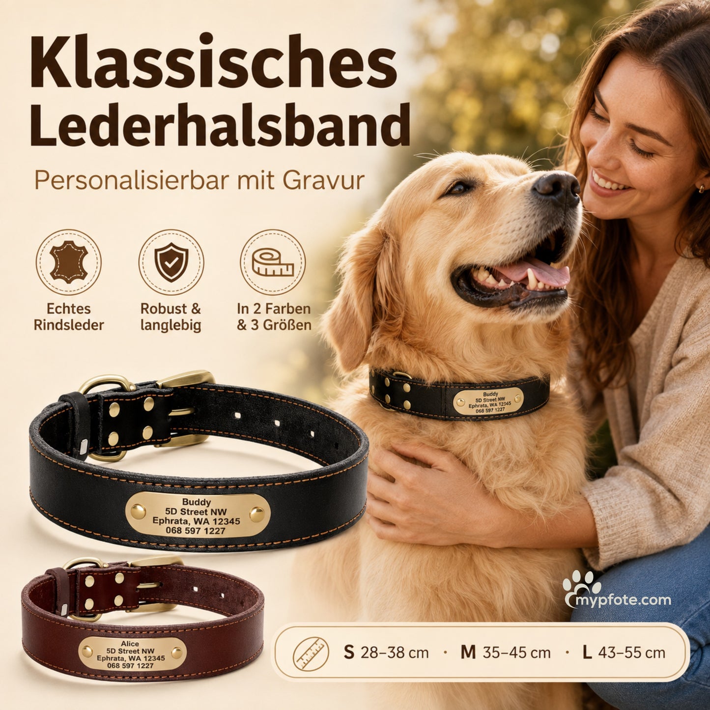 Edles Hundehalsband aus Rindsleder mit Gravur Name und Telefon