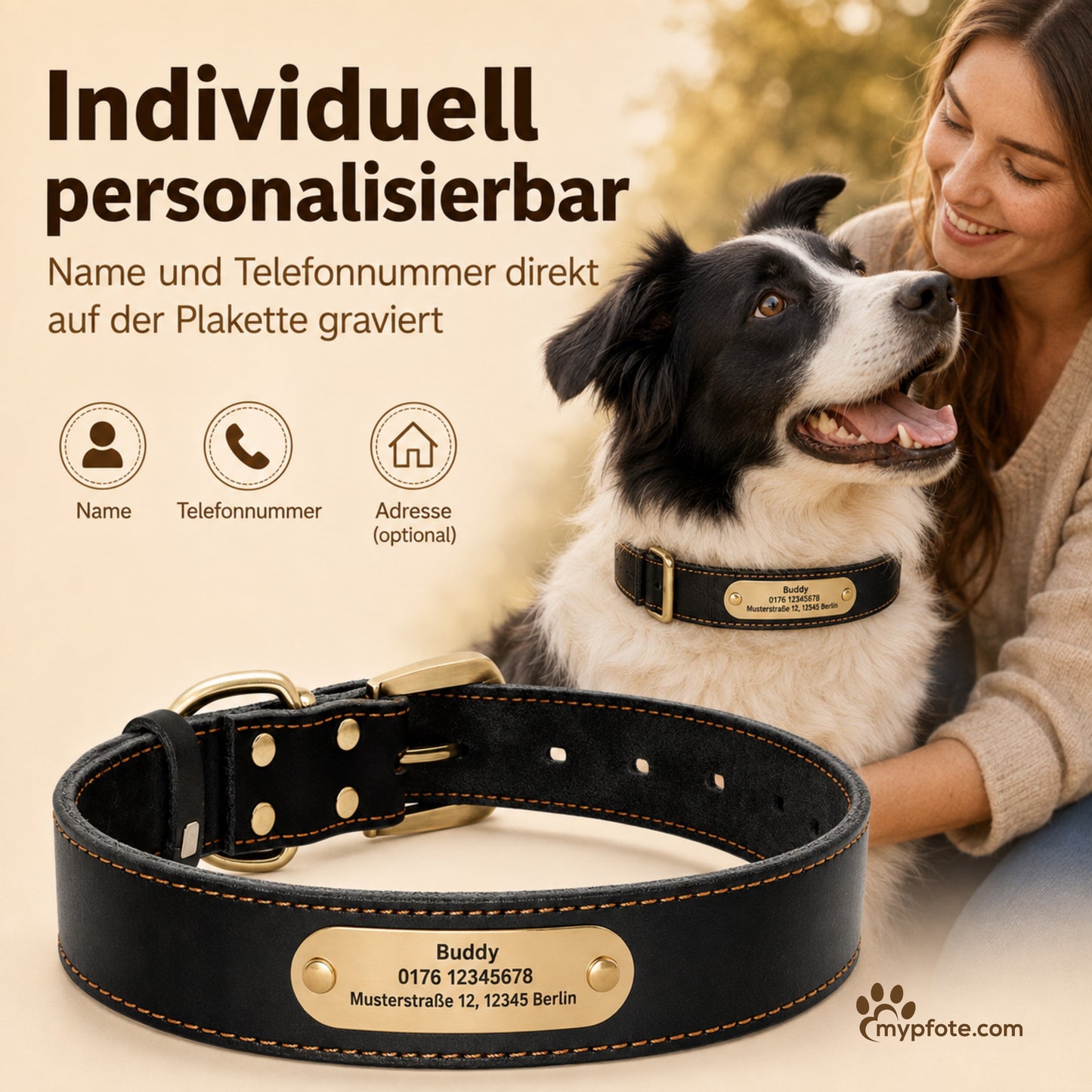 Edles Hundehalsband aus Rindsleder mit Gravur Name und Telefon