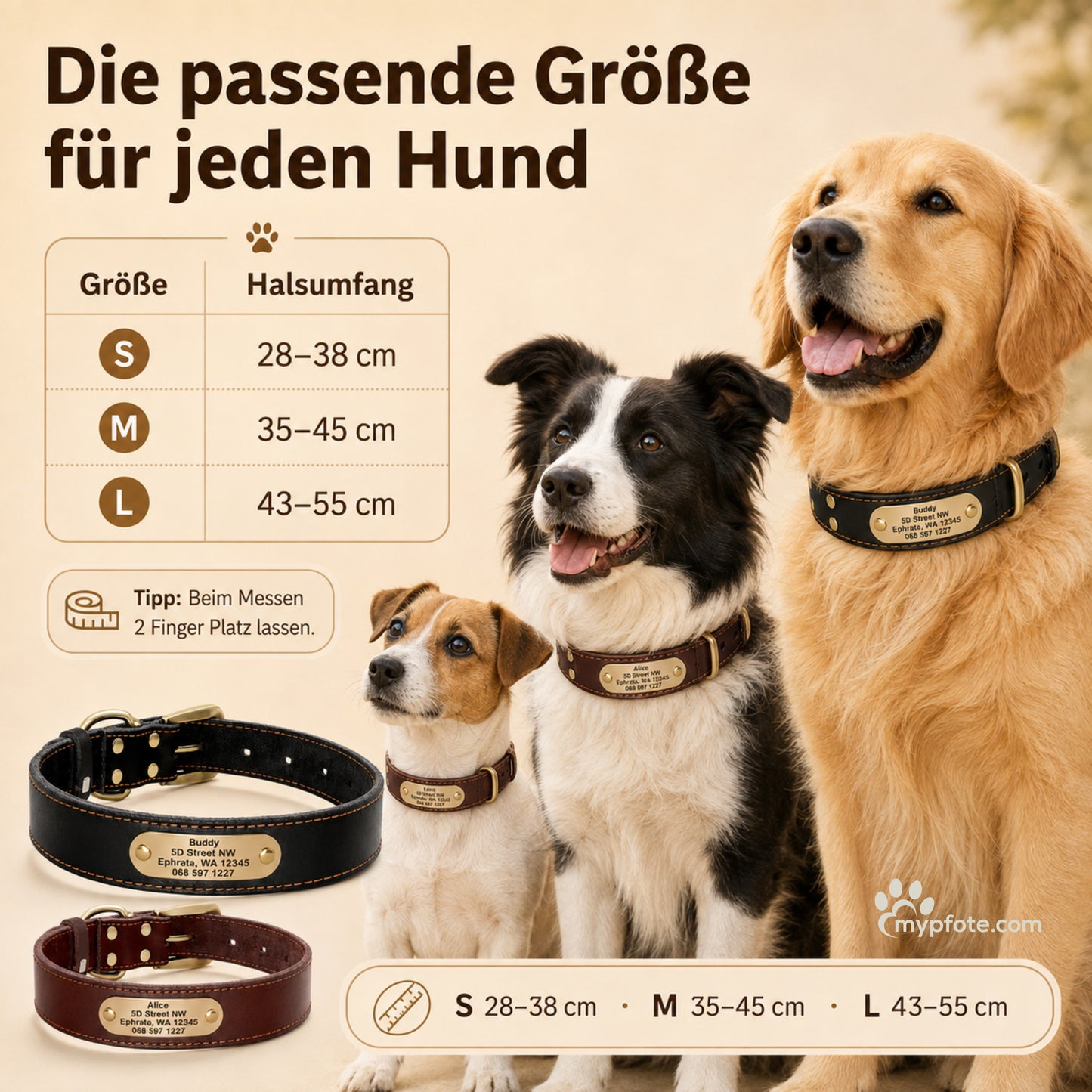 Edles Hundehalsband aus Rindsleder mit Gravur Name und Telefon