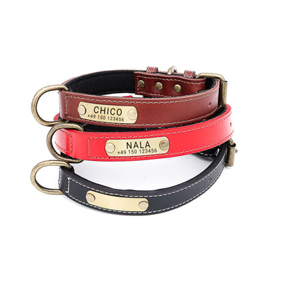 Leder Hundehalsband mit Name und Telefonnummer. Graviert auf Messingschild. Vintagelook der Schnalle. Neoprenpolsterung mit Polyestermesh. Drei verschiedene Größen, Drei Farben: Braun, Schwarz und Rot.