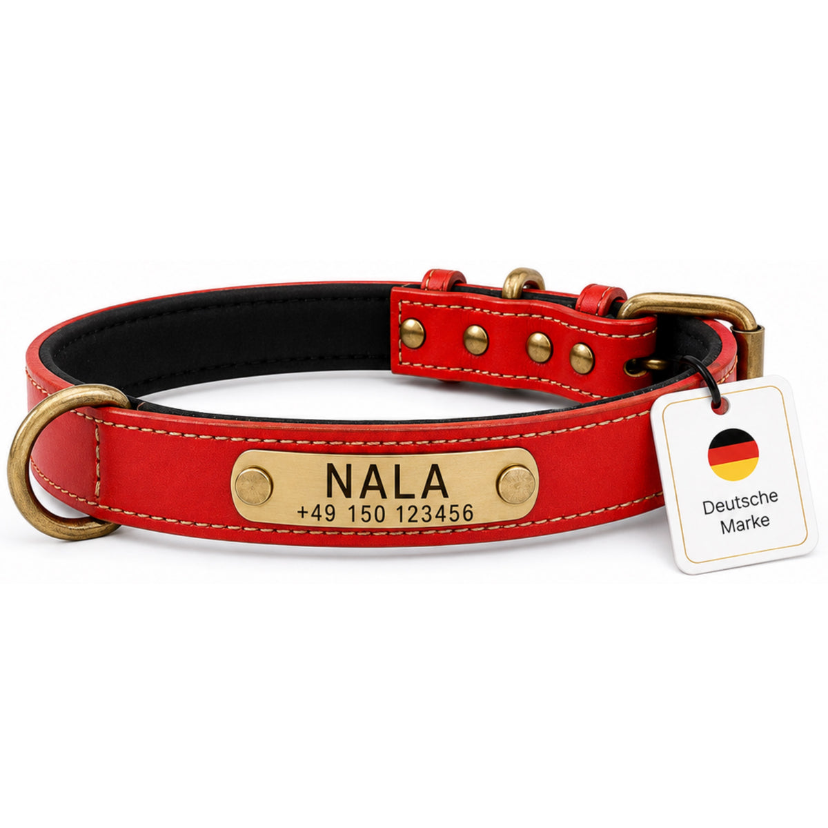 Hundehalsband mit Namen auf Messingschild aus hochwertigem Leder, Innenpolsterung aus Neopren, 2 massive D-Ringe