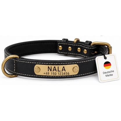 Hundehalsband mit Namen auf Messingschild aus hochwertigem Leder, Innenpolsterung aus Neopren, 2 massive D-Ringe