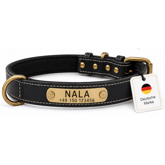 Hundehalsband mit Namen auf Messingschild aus hochwertigem Leder, Innenpolsterung aus Neopren, 2 massive D-Ringe