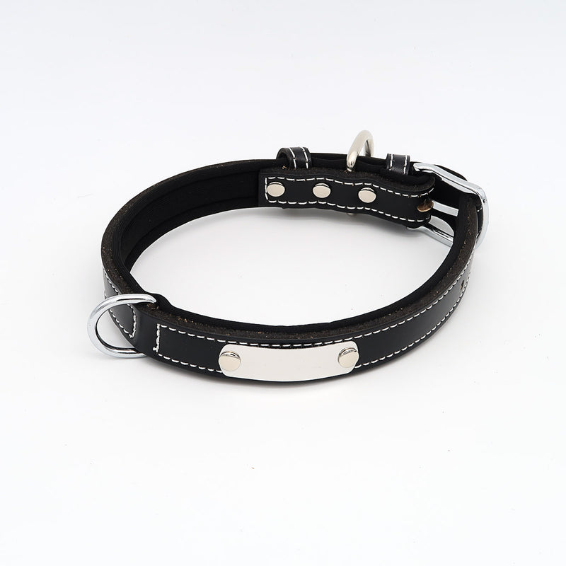 High quality dog collar with name made of leather, inner padding and free engraving, color black