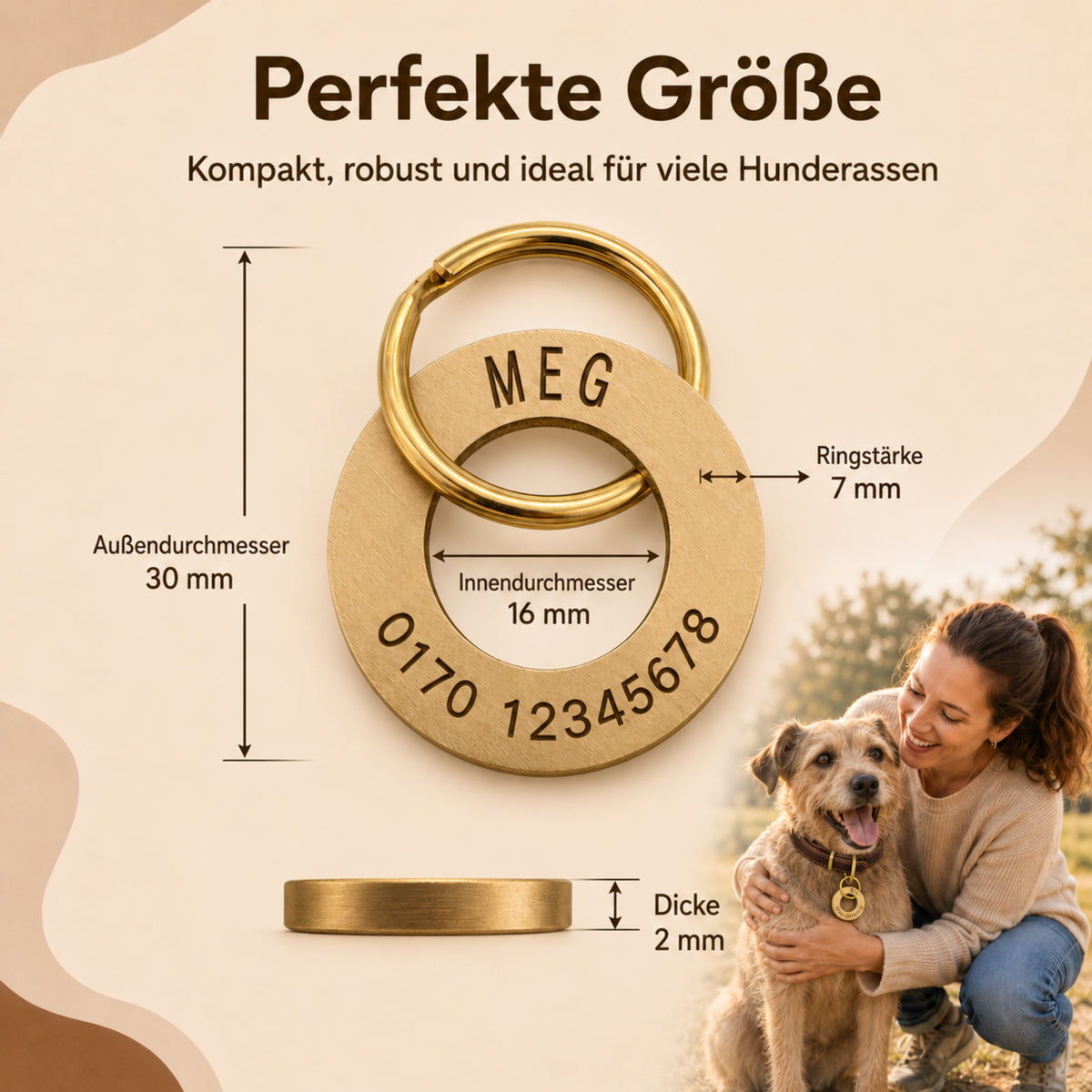 Ringförmige Hundemarke mit Gravur Messing gebürstet, 30mm