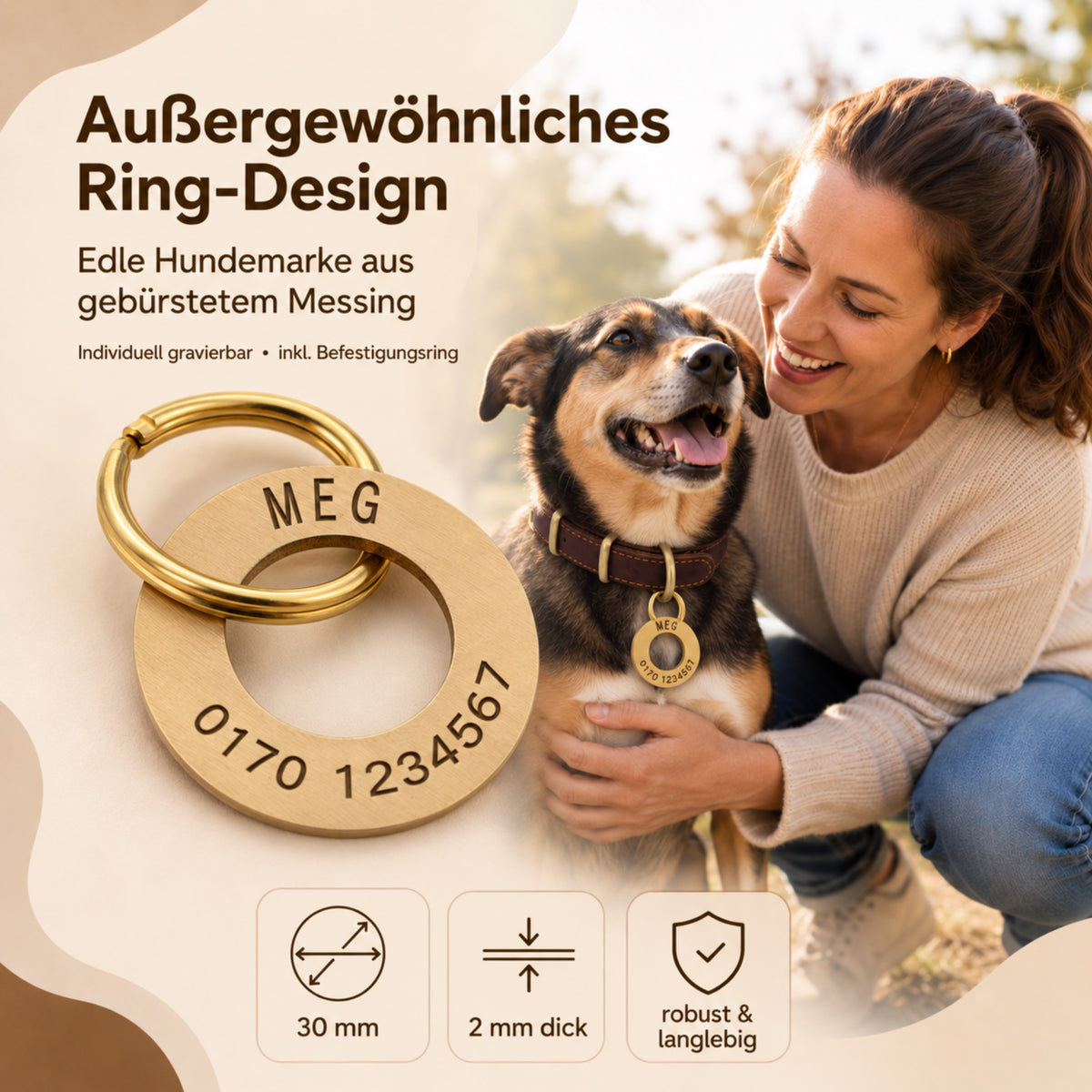 Ringförmige Hundemarke mit Gravur Messing gebürstet, 30mm