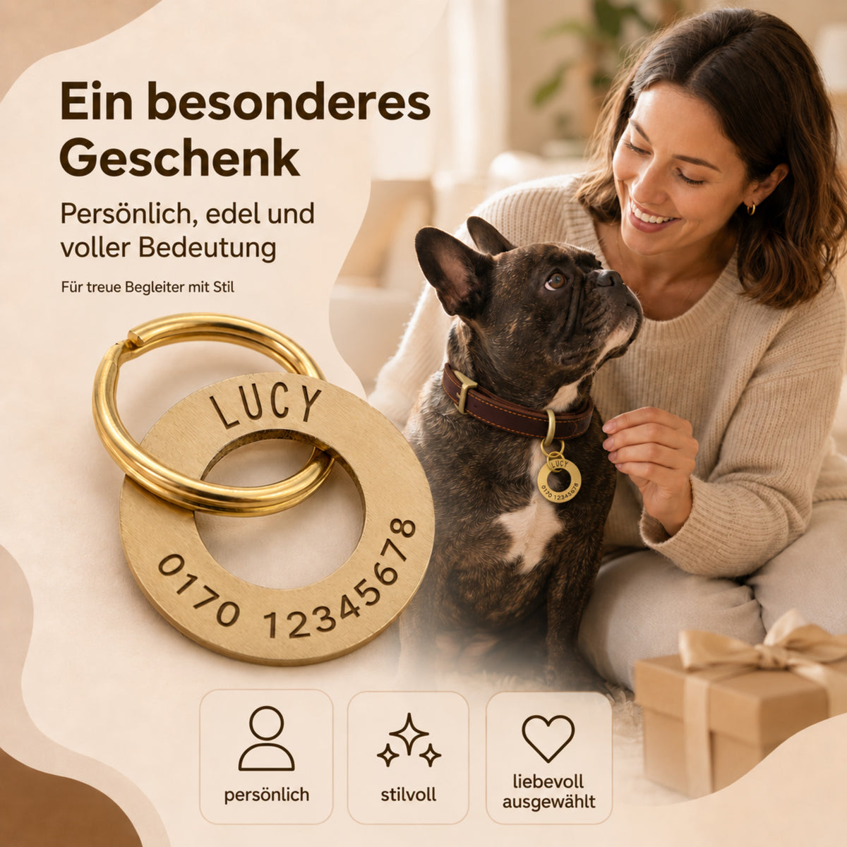 Ringförmige Hundemarke mit Gravur Messing gebürstet, 30mm