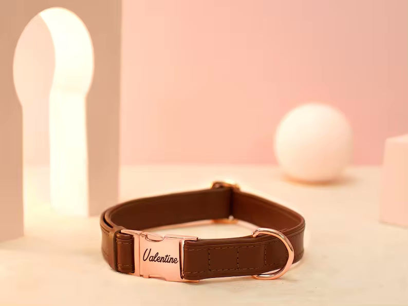 Veganes Hundehalsband mit Namen und Telefonnummer in starken Farben - Braun / S 31-41cm