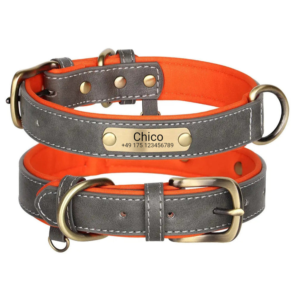 Schickes Hundehalsband mit Gravur, PU grau, Neopren Mesh innen orange, Ring für Hundemarken - S 23-32cm