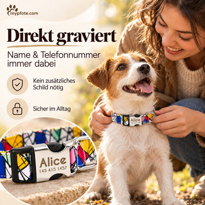 Hundehalsband "Miro" mit Namen und Telefon graviert, Nylon, Art Style