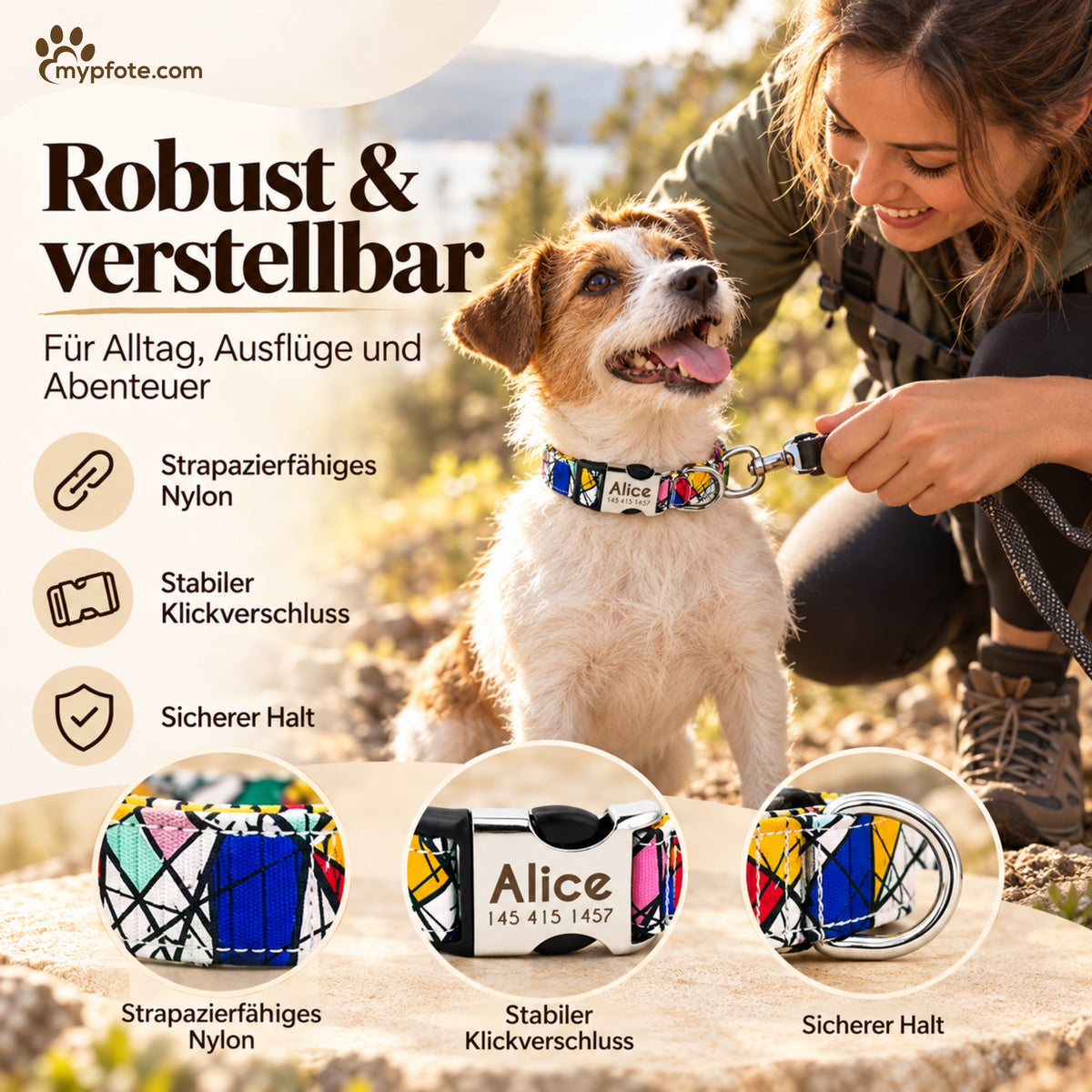 Hundehalsband "Miro" mit Namen und Telefon graviert, Nylon, Art Style