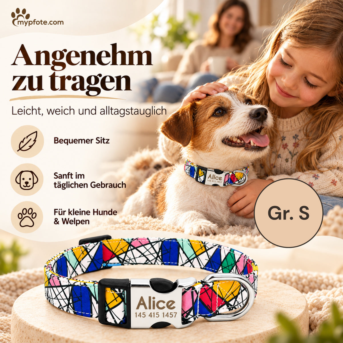 Hundehalsband "Miro" mit Namen und Telefon graviert, Nylon, Art Style