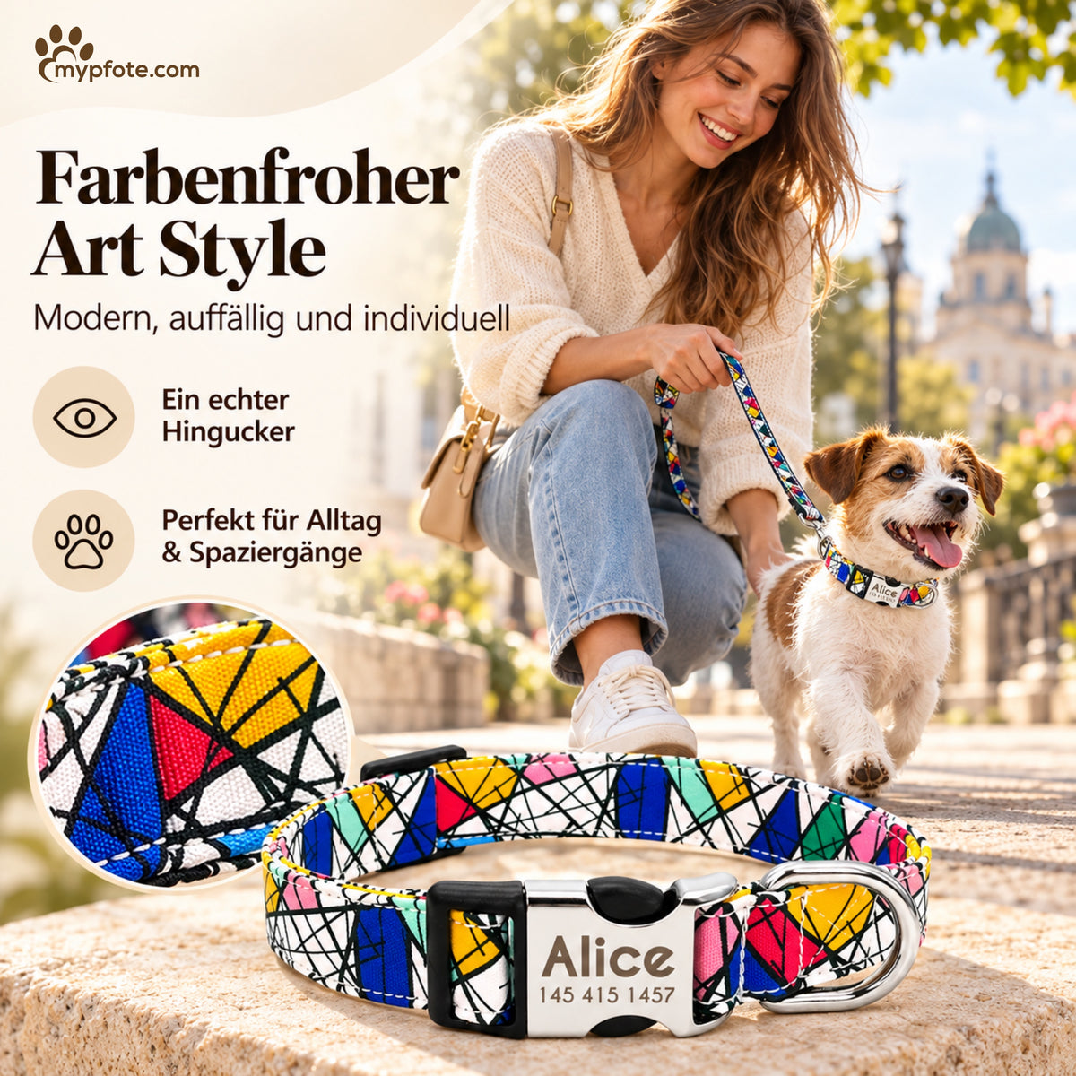 Hundehalsband "Miro" mit Namen und Telefon graviert, Nylon, Art Style