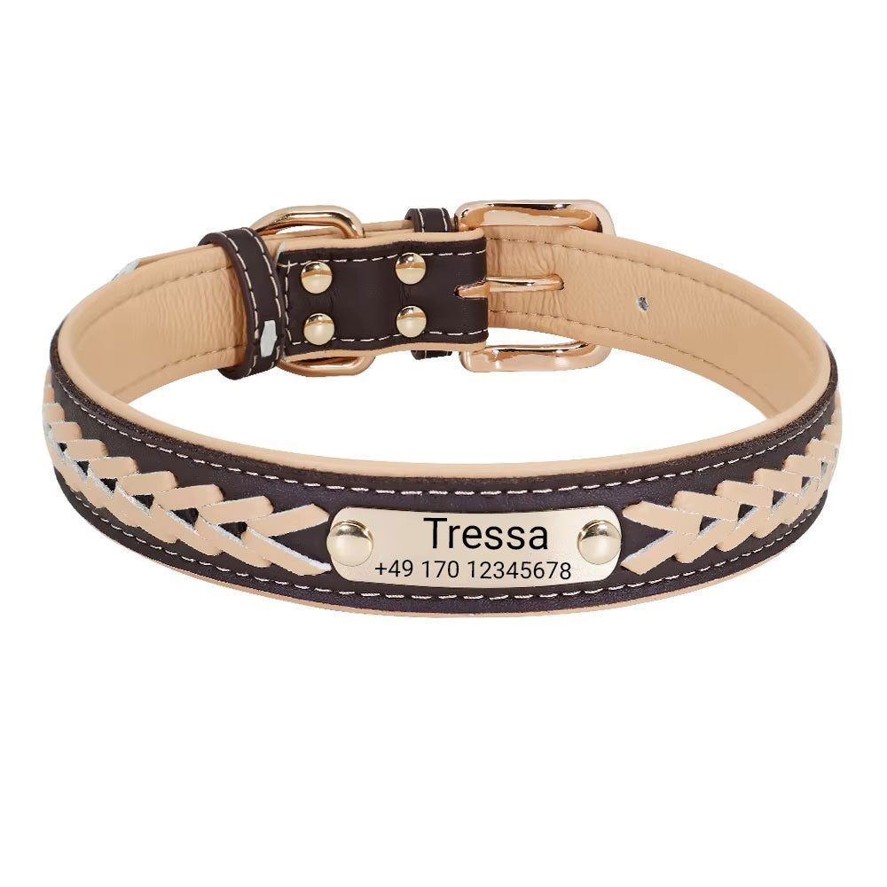 Hundehalsband mit Namen "Tressa". Gravur von Name und Telefon, in drei verschiedenen Größen - S 28-34cm