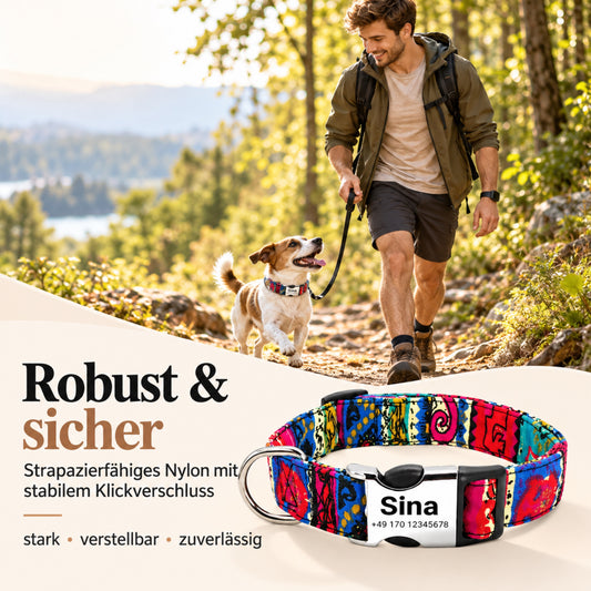 Hundehalsband „Sina“ – Personalisiert mit Namen & Nummer | Verstellbar, bunt & robust