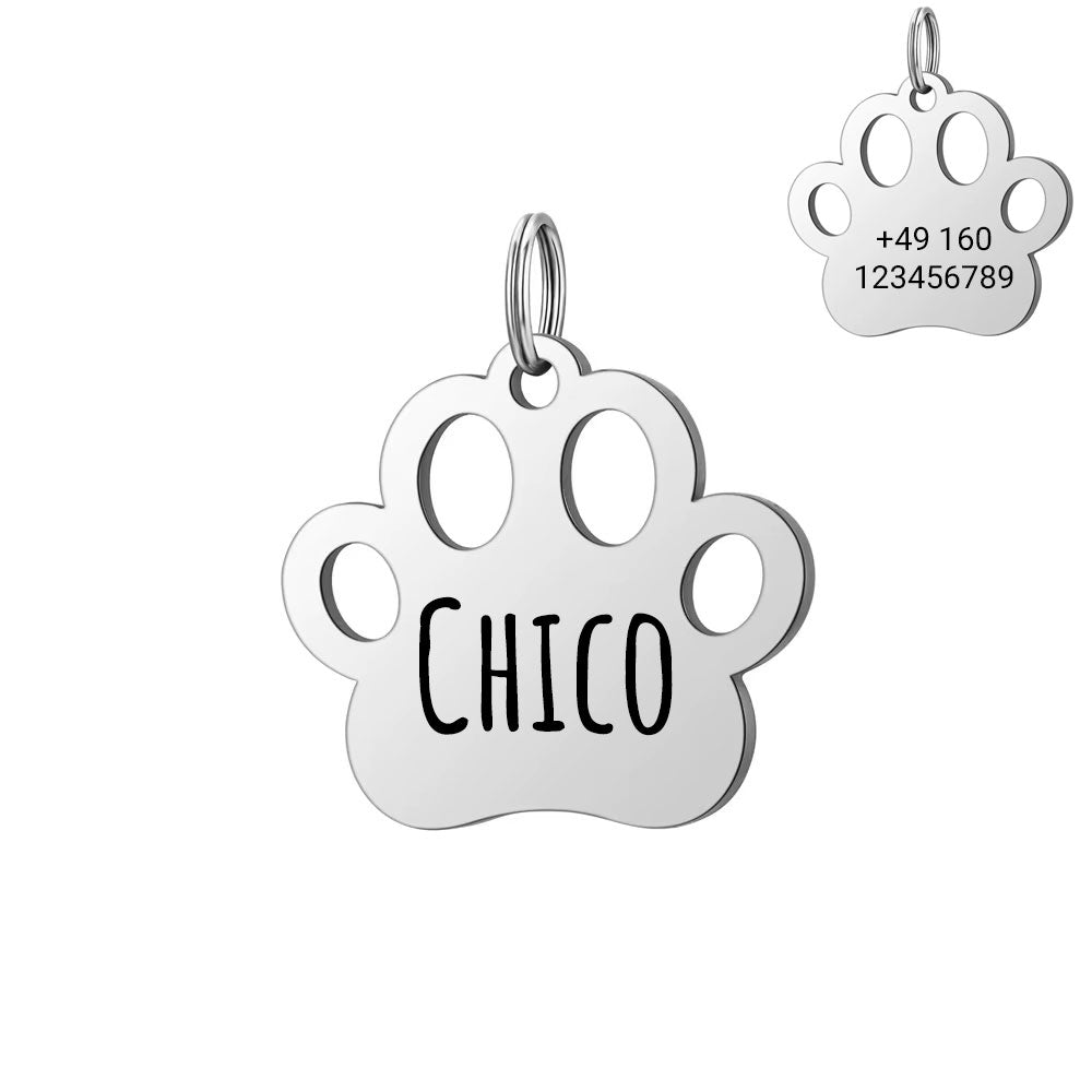 Personalisierte Hundemarke mit Gravur aus Edelstahl – Name & Telefonnummer – 30 mm – Gold, Silber & Rosé - Silber
