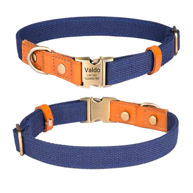 Hundehalsband "Valdo" mit Gravur – robustes PE-Gewebe & Leder – Messing matt – Marineblau, Hellblau oder Grün (S–L) - Marineblau / S 26–42cm