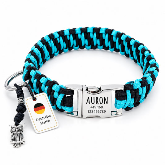 Paracord Hundhalsband "Auron" mit Gravur von Name und Telefon auf der Schnalle, drei verschiedene Größen