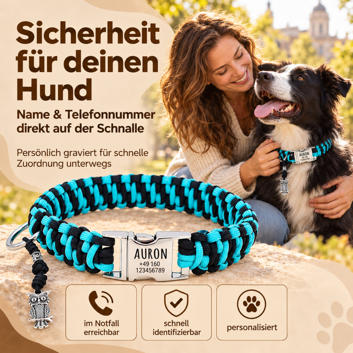 Paracord Hundhalsband "Auron" mit Gravur von Name und Telefon auf der Schnalle, drei verschiedene Größen