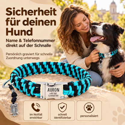 Paracord Hundhalsband "Auron" mit Gravur von Name und Telefon auf der Schnalle, drei verschiedene Größen