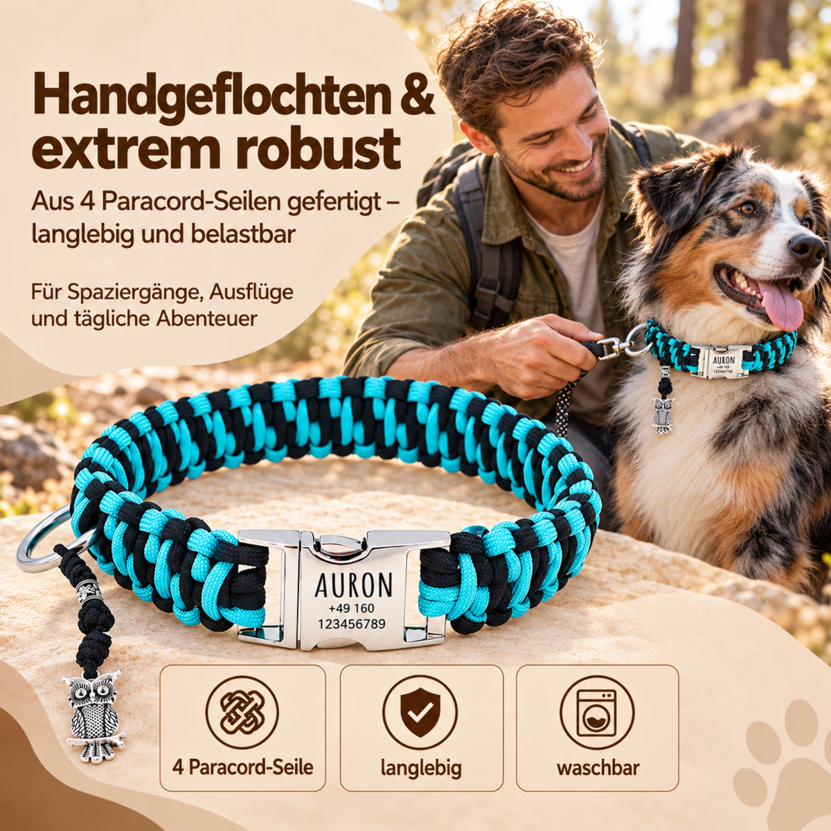 Paracord Hundhalsband "Auron" mit Gravur von Name und Telefon auf der Schnalle, drei verschiedene Größen
