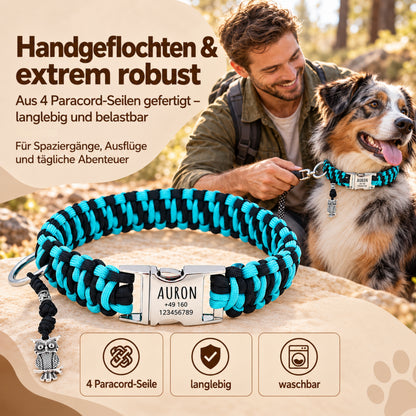 Paracord Hundhalsband "Auron" mit Gravur von Name und Telefon auf der Schnalle, drei verschiedene Größen