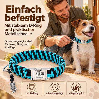 Paracord Hundhalsband "Auron" mit Gravur von Name und Telefon auf der Schnalle, drei verschiedene Größen