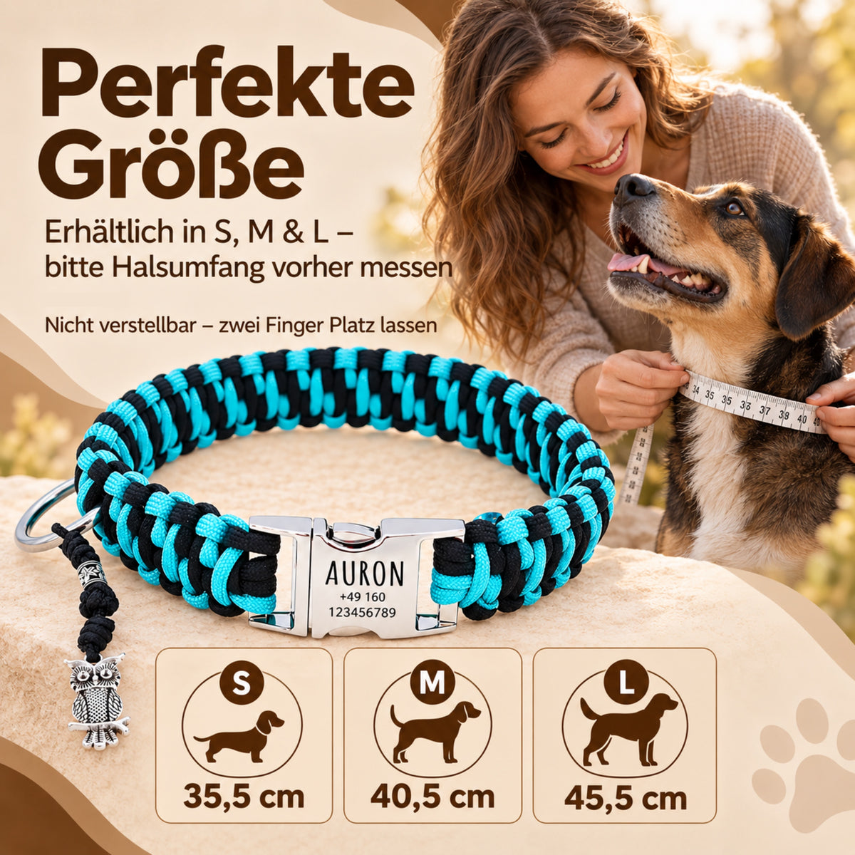 Paracord Hundhalsband "Auron" mit Gravur von Name und Telefon auf der Schnalle, drei verschiedene Größen